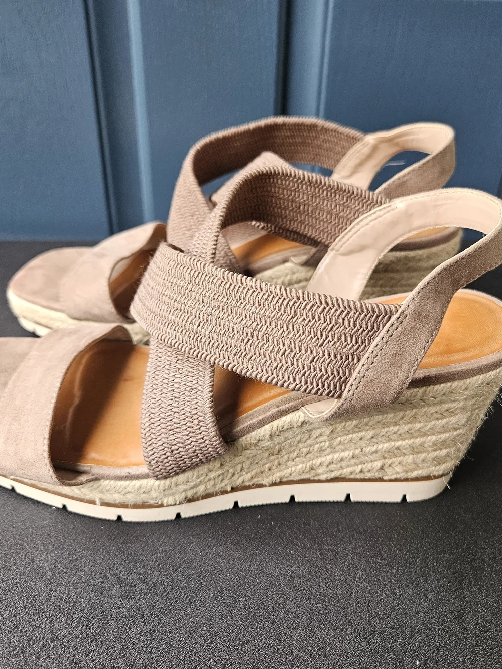 Kelly & Katie Taupe Crisscross Stretchy Straps Espadrille Wedge Sandals